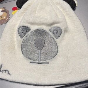 ELM Wildlife Bear Beanie in white with a gray embroidered bear face small ears